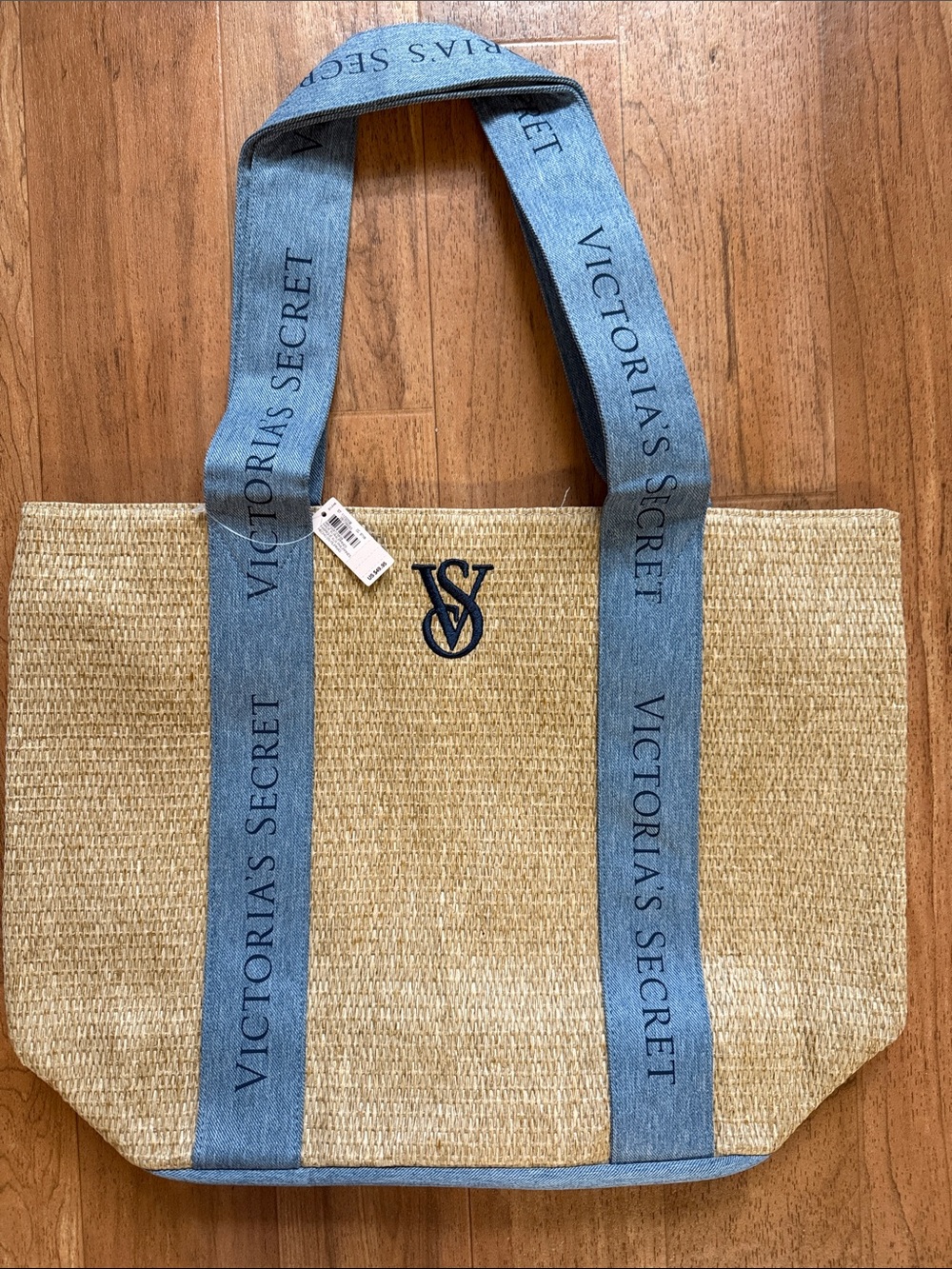 Victoria's Secret Natural Straw Tote with Denim Blue Straps